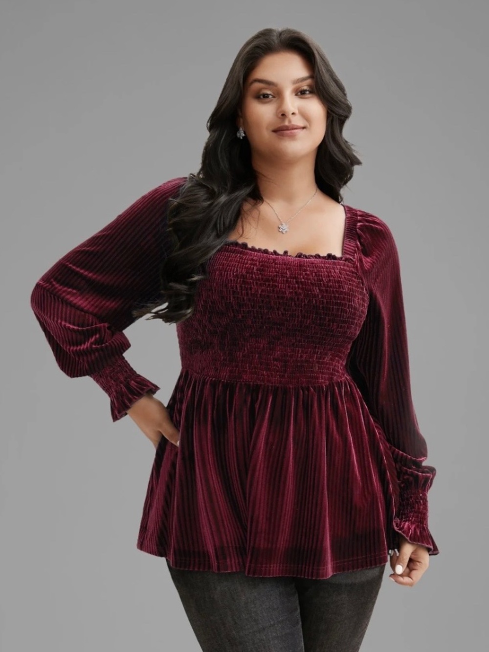 BLOOMCHIC Red Velvet Smocked Top